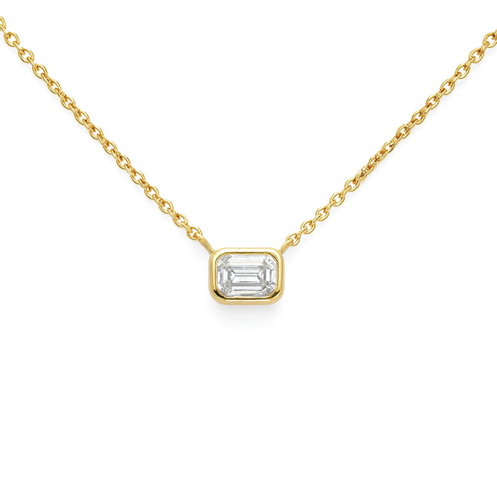 SPECIAL! .20ct G SI 14kt Yellow Gold Bezel Set Emerald Cut Diamond Solitaire Pendant Necklace 16+2" Ext.