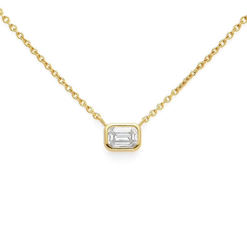 SPECIAL! .20ct G SI 14kt Yellow Gold Bezel Set Emerald Cut Diamond Solitaire Pendant Necklace 16+2" Ext.