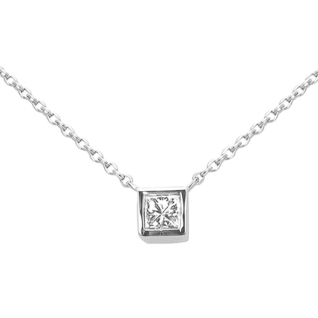 SPECIAL! .18ct G SI 14kt White Gold Bezel Set Princess Cut Diamond Solitaire Pendant Necklace 16+2" Ext.