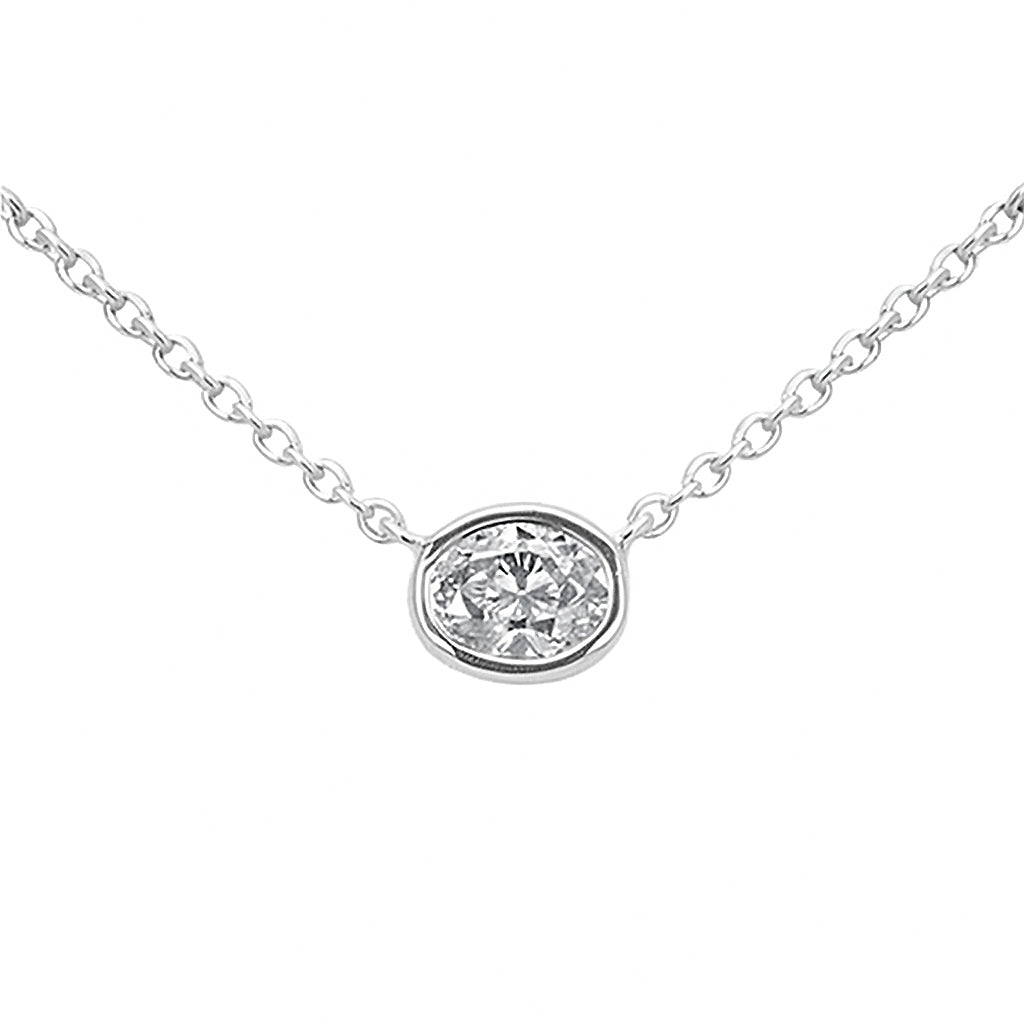 SPECIAL! .19ct G SI 14kt White Gold Bezel Set Oval Diamond Solitaire Pendant Necklace 16+2" Ext.