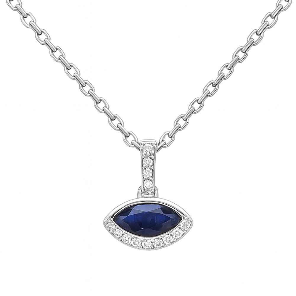 SPECIAL! .42ct G SI 14kt White Gold Diamond & Blue Sapphire Gemstone Evil Eye Pendant 18" Long
