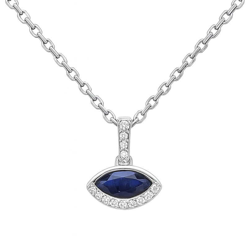 SPECIAL! .42ct G SI 14kt White Gold Diamond & Blue Sapphire Gemstone Evil Eye Pendant 18" Long