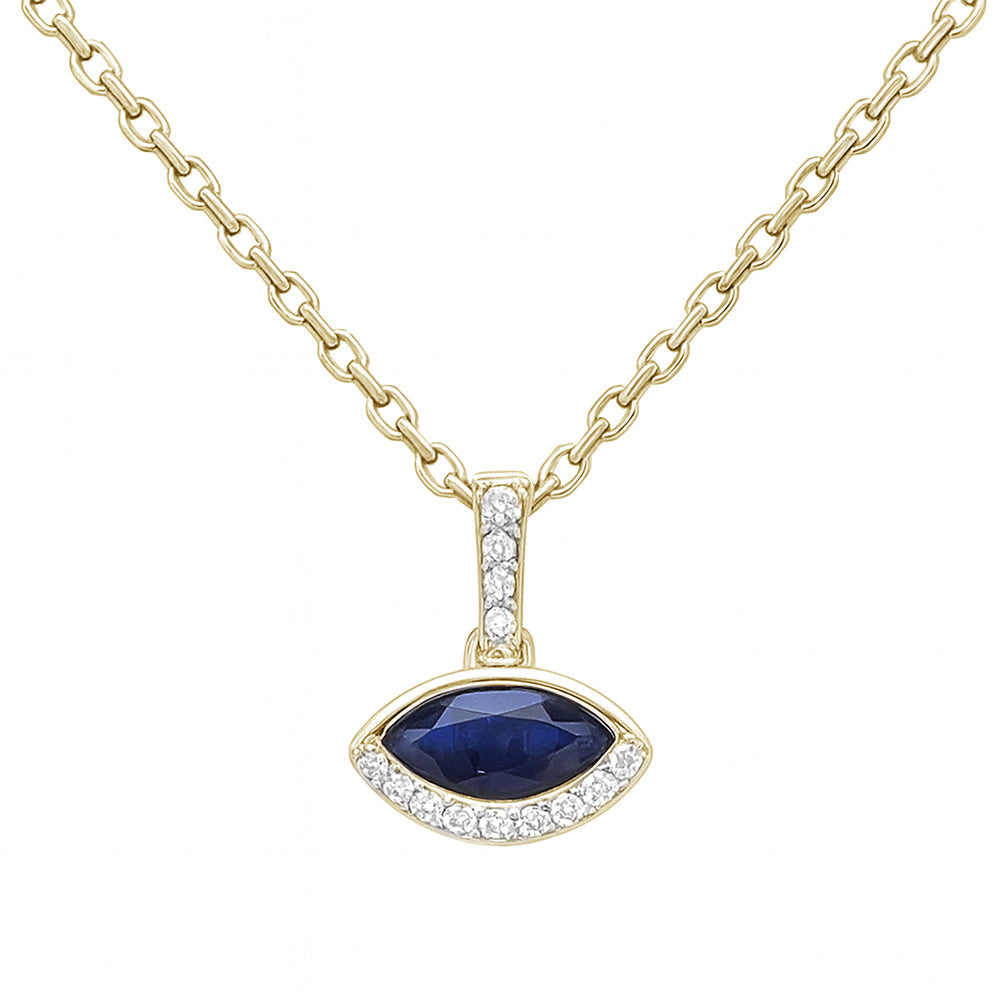 SPECIAL! .42ct G SI 14kt Yellow Gold Diamond & Blue Sapphire Gemstone Evil Eye Pendant 18" Long