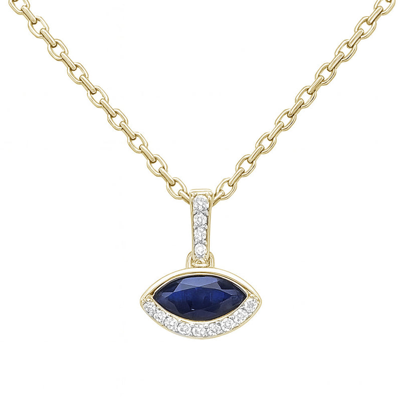 SPECIAL! .42ct G SI 14kt Yellow Gold Diamond & Blue Sapphire Gemstone Evil Eye Pendant 18" Long