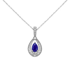 SPECIAL! .64ct G SI 14kt White Gold Diamond & Blue Sapphire Gemstone Pendant Necklace 18" Long