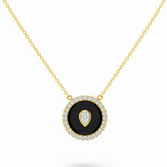 SPECIAL! .36ct G SI 14kt Yellow Gold Pear Diamond Onyx Inlay Pendant Necklace 16+2" Long