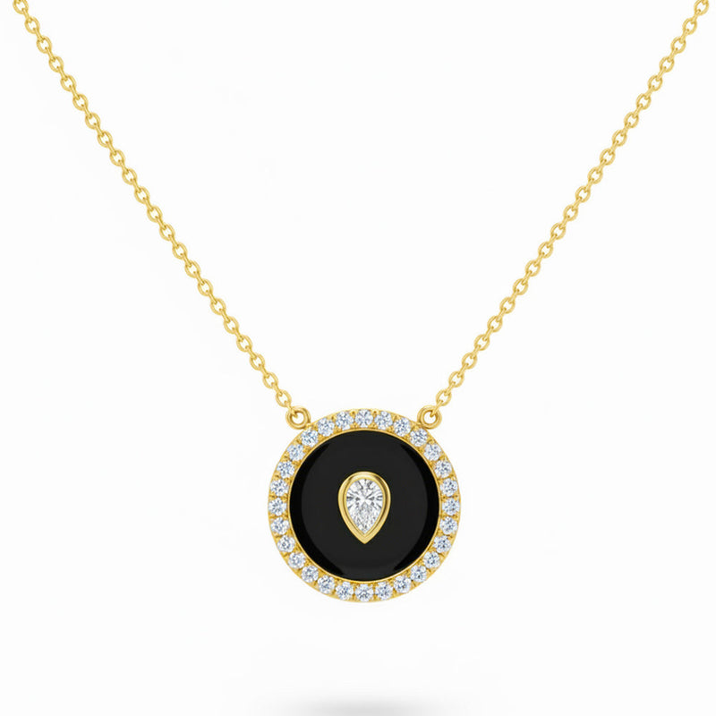 SPECIAL! .36ct G SI 14kt Yellow Gold Pear Diamond Onyx Inlay Pendant Necklace 16+2" Long