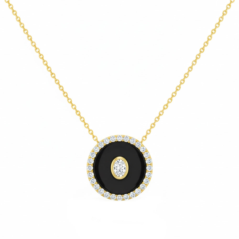 SPECIAL! .30ct G SI 14kt Yellow Gold Oval Diamond Onyx Inlay Pendant Necklace 16+2" Long