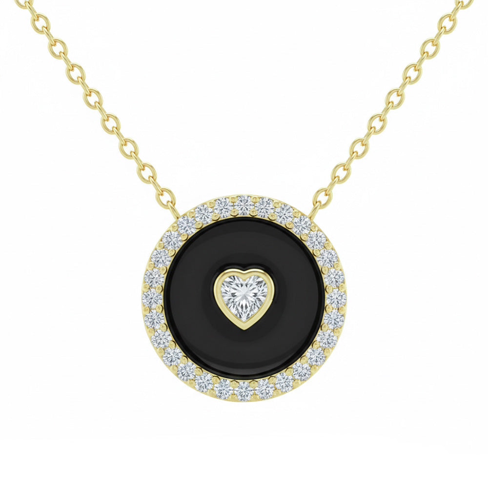 SPECIAL! .33ct G SI 14kt Yellow Gold Heart Diamond Onyx Inlay Pendant Necklace 16+2" Long