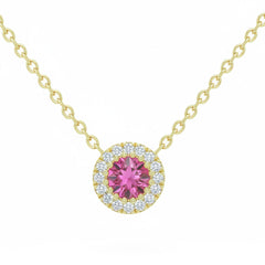 .20ct G SI 14kt Yellow Gold Halo Diamond & Pink Sapphire Gemstone Solitaire Pendant Necklace 18" Long