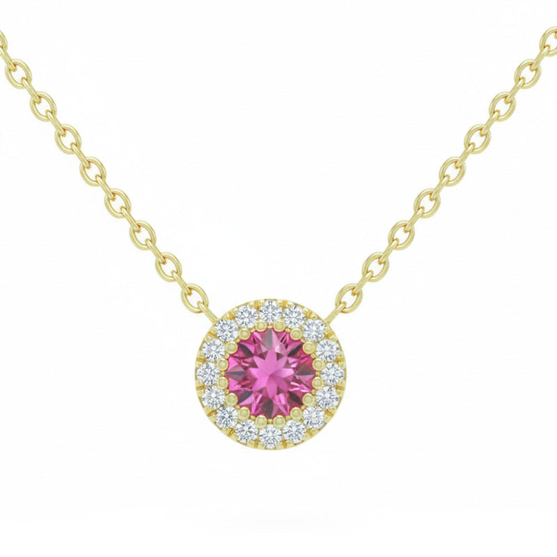 .20ct G SI 14kt Yellow Gold Halo Diamond & Pink Sapphire Gemstone Solitaire Pendant Necklace 18" Long