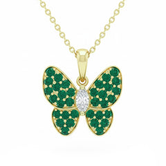 SPECIAL! 1.12ct G SI 14kt Yellow Gold Diamond & Emerald Gemstone Butterfly Pendant Necklace 18" Long