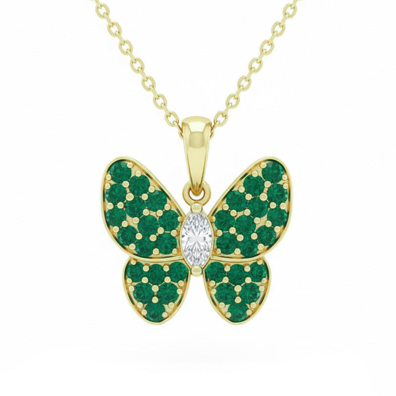 SPECIAL! 1.12ct G SI 14kt Yellow Gold Diamond & Emerald Gemstone Butterfly Pendant Necklace 18" Long