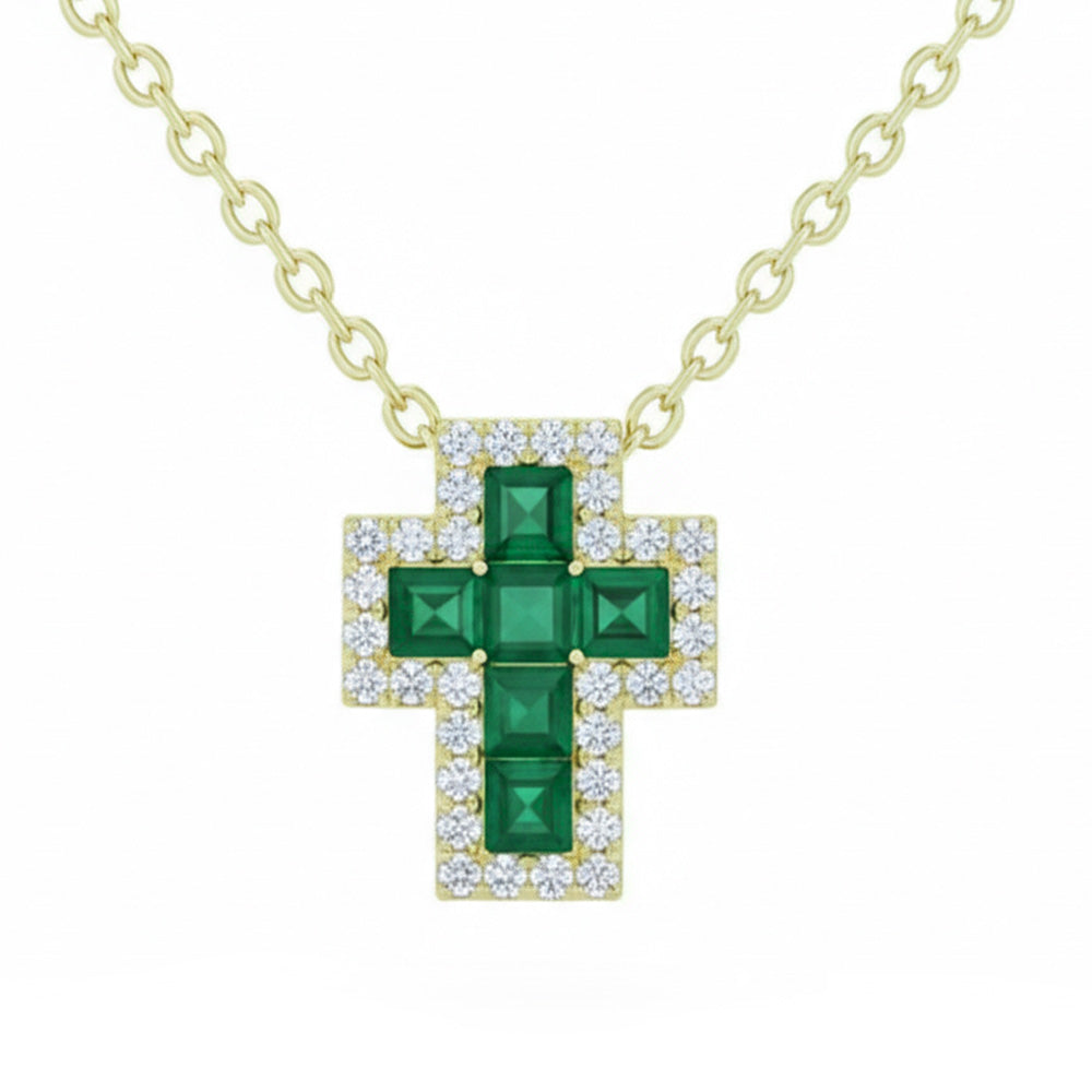 SPECIAL! .39ct G SI 14kt Yellow Gold Diamond & Emerald Gemstone Cross Pendant Necklace 18" Long
