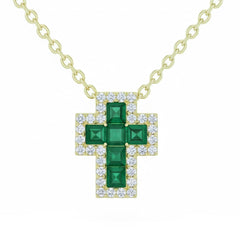SPECIAL! .39ct G SI 14kt Yellow Gold Diamond & Emerald Gemstone Cross Pendant Necklace 18" Long