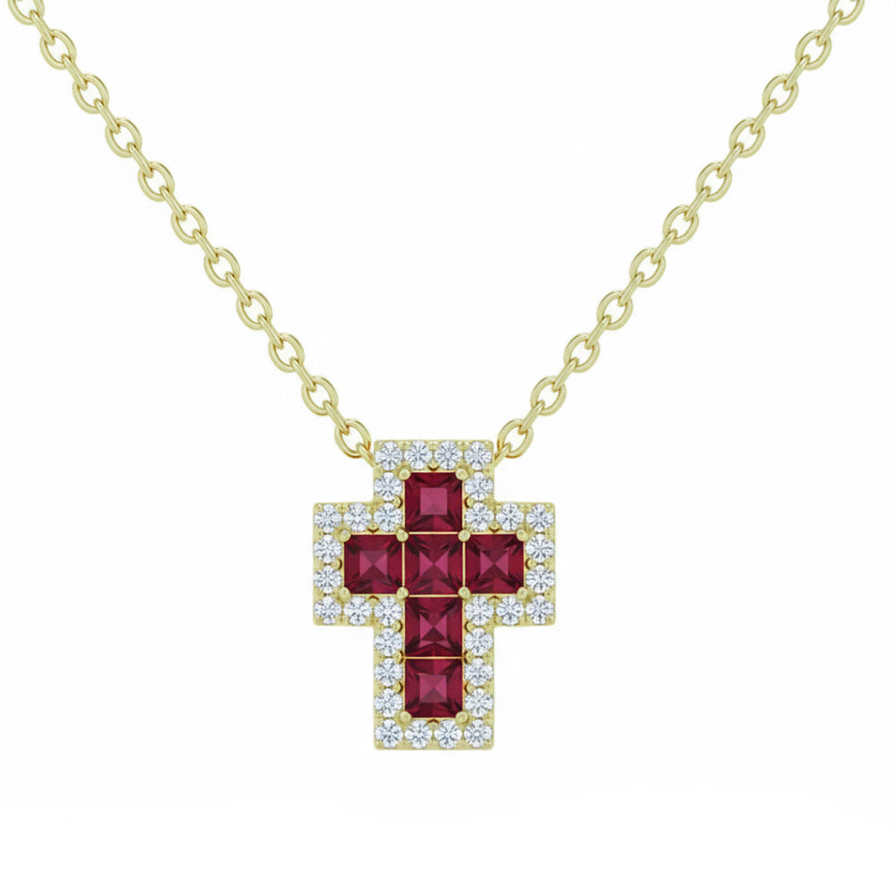 SPECIAL! .46ct G SI 14kt Yellow Gold Diamond & Ruby Gemstone Cross Pendant Necklace 18" Long