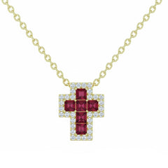 SPECIAL! .46ct G SI 14kt Yellow Gold Diamond & Ruby Gemstone Cross Pendant Necklace 18" Long