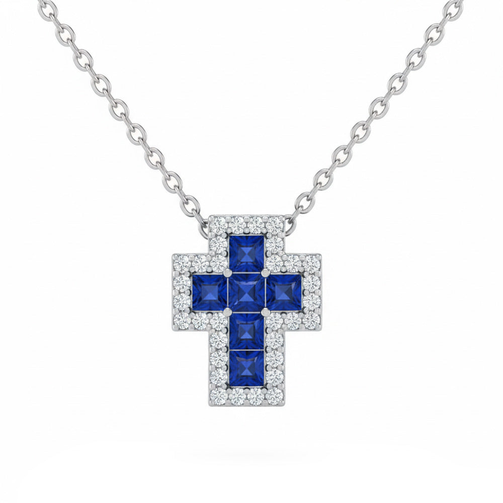 SPECIAL! .44ct G SI 14kt White Gold Diamond & Blue Sapphire Gemstone Cross Pendant Necklace 18" Long