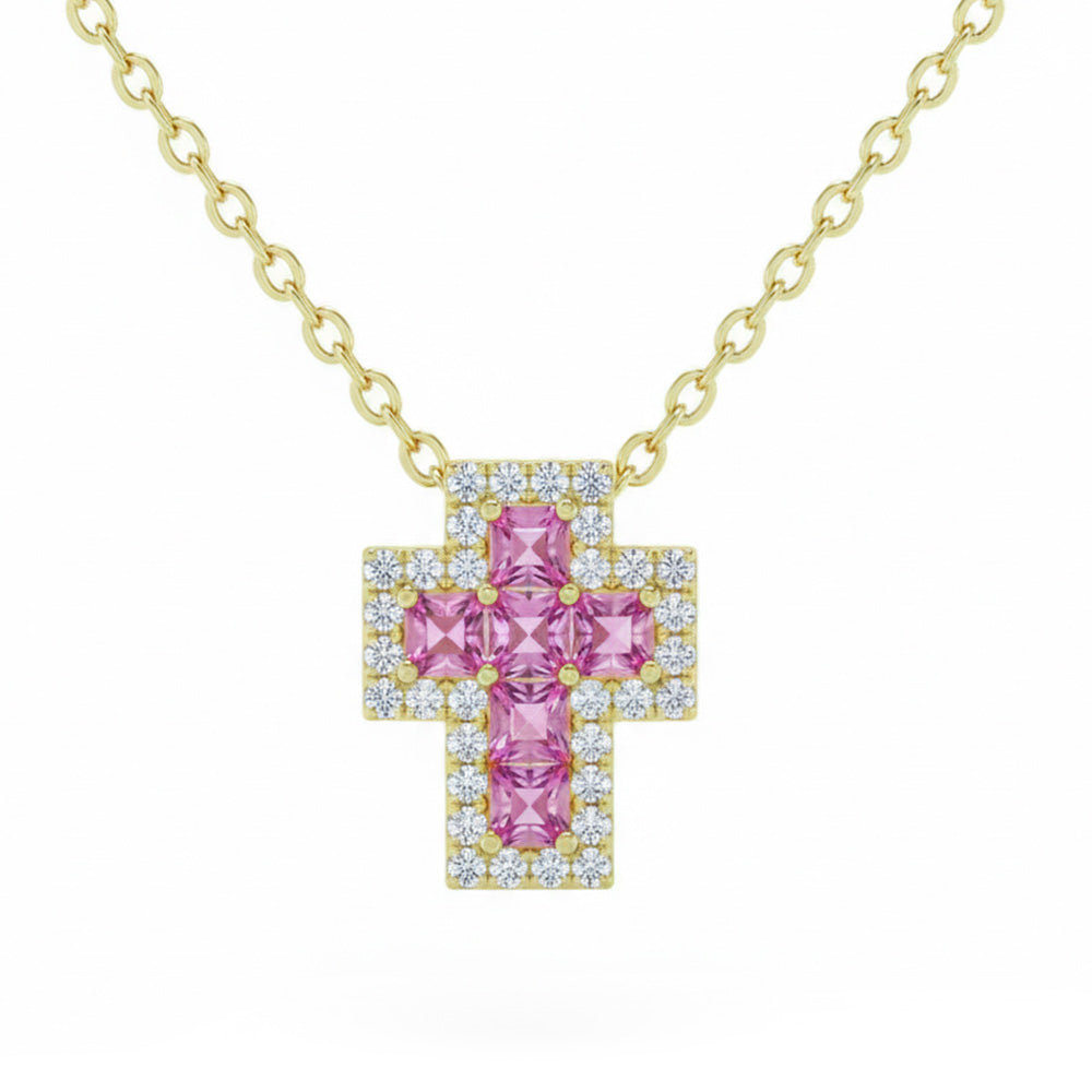 SPECIAL! .39ct G SI 14kt Yellow Gold Diamond & Pink Sapphire Gemstone Cross Pendant Necklace 18" Long