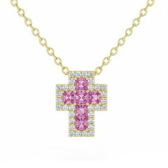 SPECIAL! .39ct G SI 14kt Yellow Gold Diamond & Pink Sapphire Gemstone Cross Pendant Necklace 18" Long