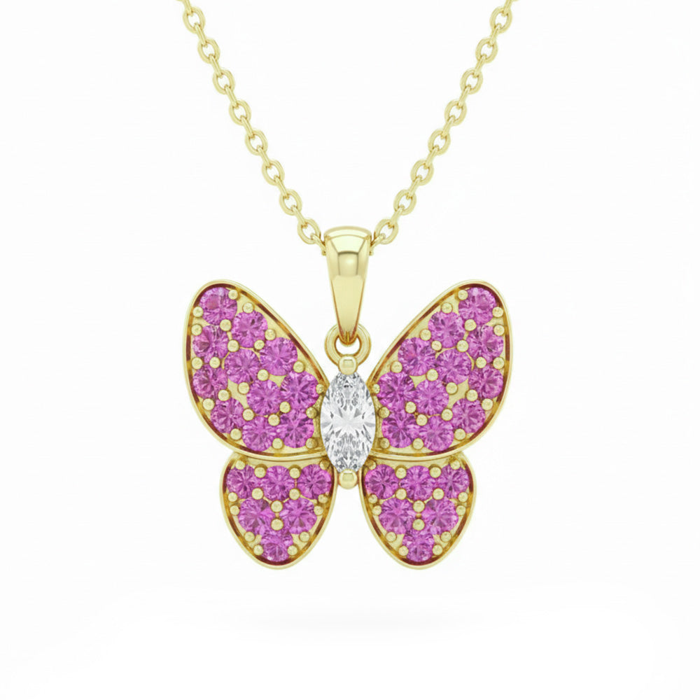 SPECIAL! 1.44ct G SI 14kt Yellow Gold Diamond & Pink Sapphire Gemstone Butterfly Pendant Necklace 18" Long