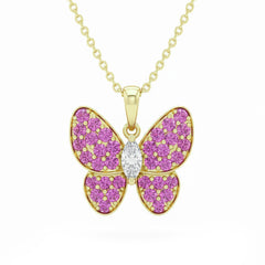 SPECIAL! 1.44ct G SI 14kt Yellow Gold Diamond & Pink Sapphire Gemstone Butterfly Pendant Necklace 18" Long