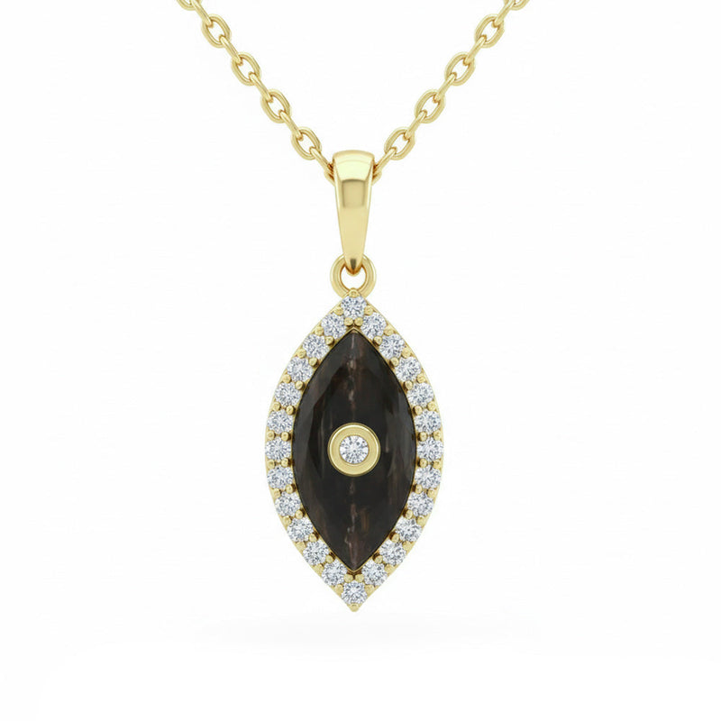 SPECIAL! .13ct G SI 14kt Yellow Gold Diamond & Black Onyx Evil Eye Pendant Necklace 18" Long