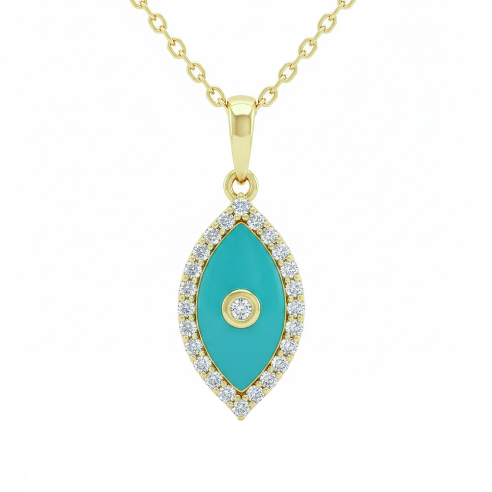 SPECIAL! .13ct G SI 14kt Yellow Gold Diamond & Turquoise Enamel Evil Eye Pendant Necklace 18" Long