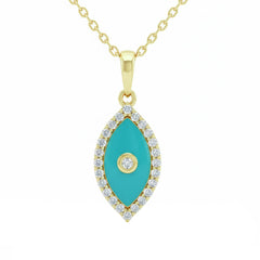 SPECIAL! .13ct G SI 14kt Yellow Gold Diamond & Turquoise Enamel Evil Eye Pendant Necklace 18" Long