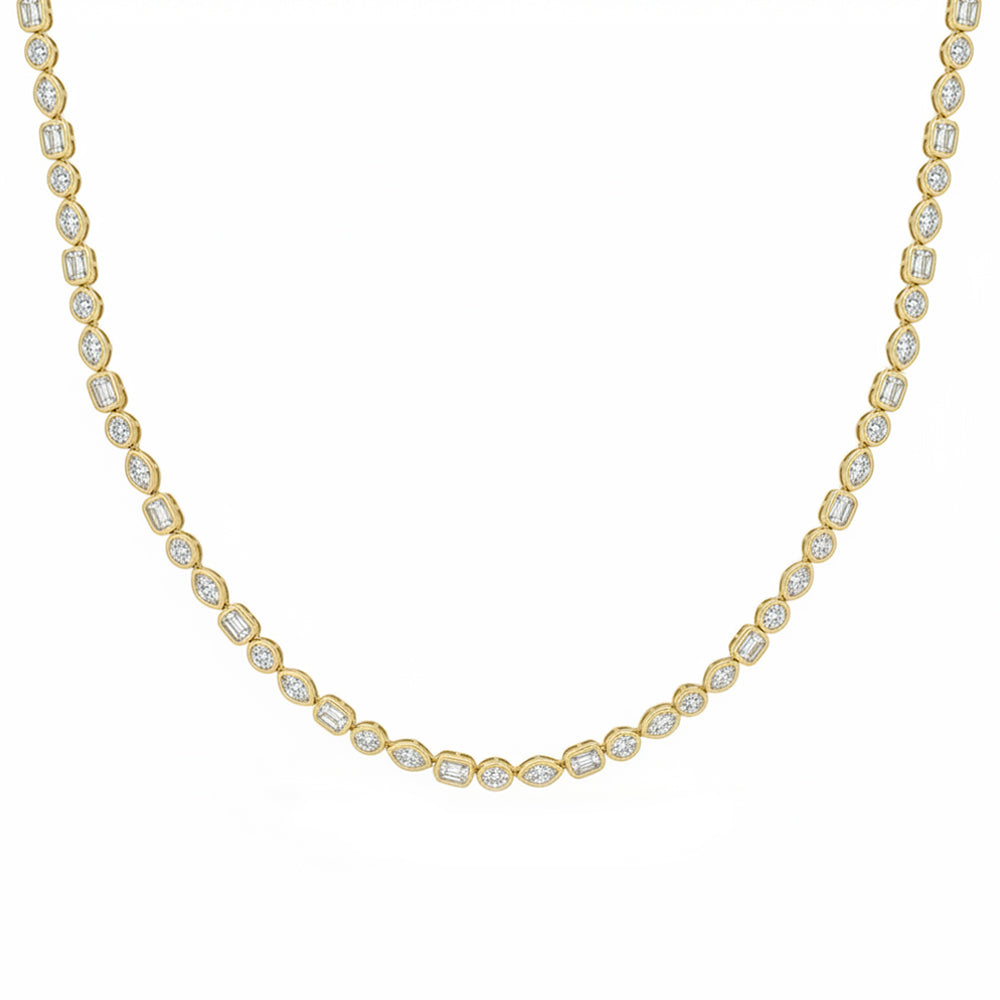 SPECIAL! 7.64ct G SI 14kt Yellow Gold Multi Shape Diamond Bezel Set Tennis Necklace 16+2" Ext Long