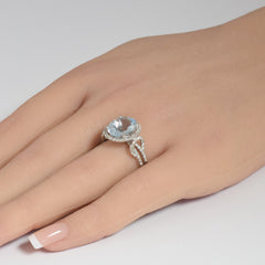 SPECIAL!4.45ct G SI 14K White Gold Diamond & Oval Shape Aquamarine Gemstone Ring Size 6.5