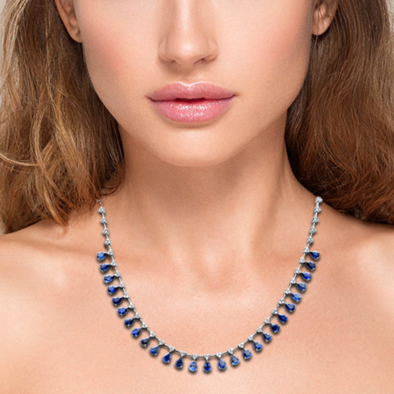 SPECIAL! 12.60ct G SI 14K White Gold Diamond & Blue Sapphire Gemstone Pendant Necklace 16+2" Long