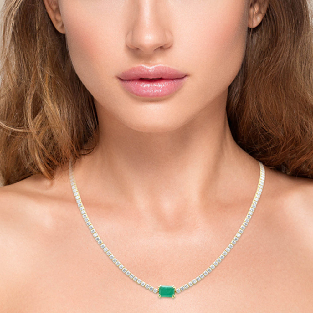 SPECIAL!6.22ct G SI 14K Yellow Gold Diamond & Emerald Double Eagle Prong Set Gemstone Tennis Necklace 16" Long