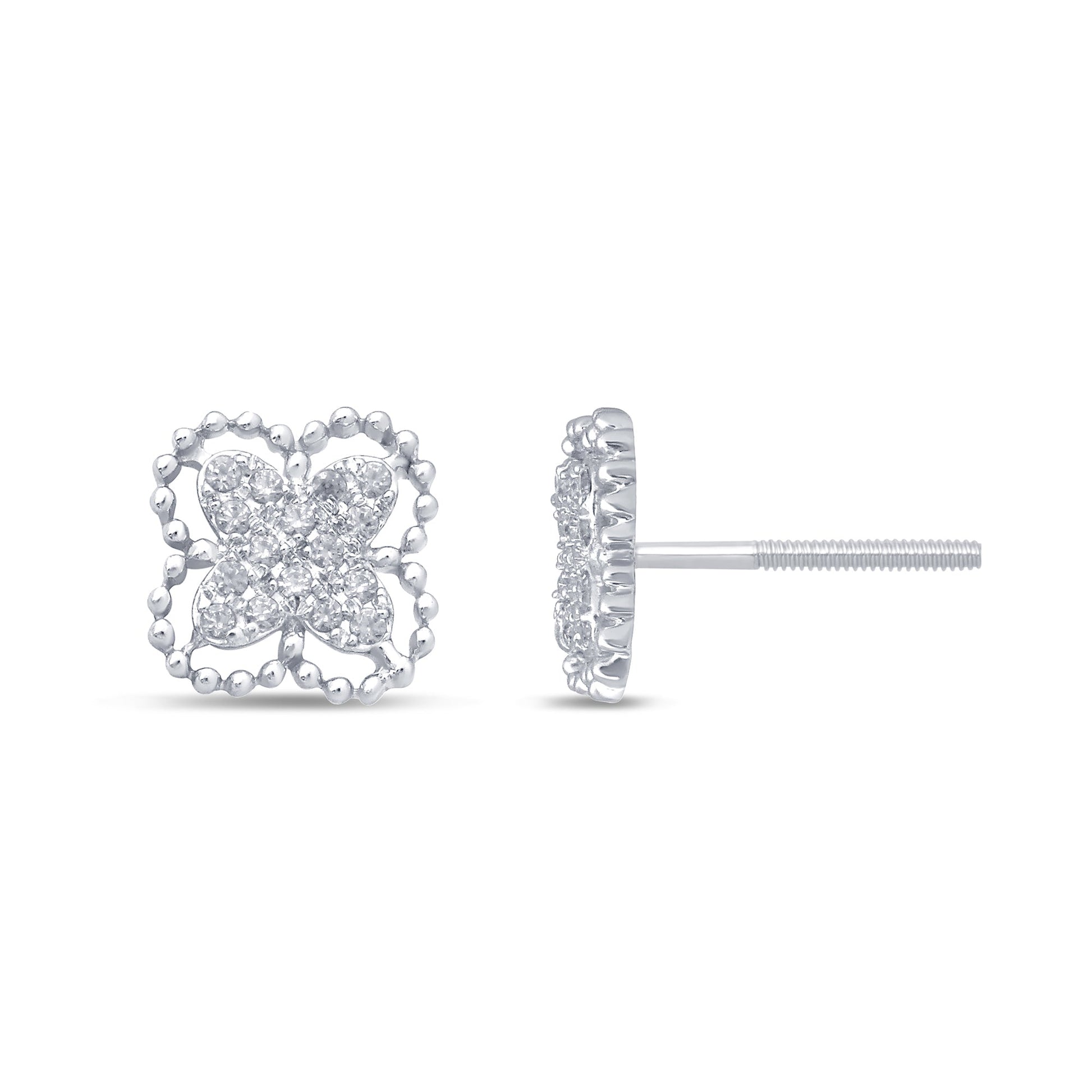 .13ct 14k White Gold Flower Clover Diamond Earrings