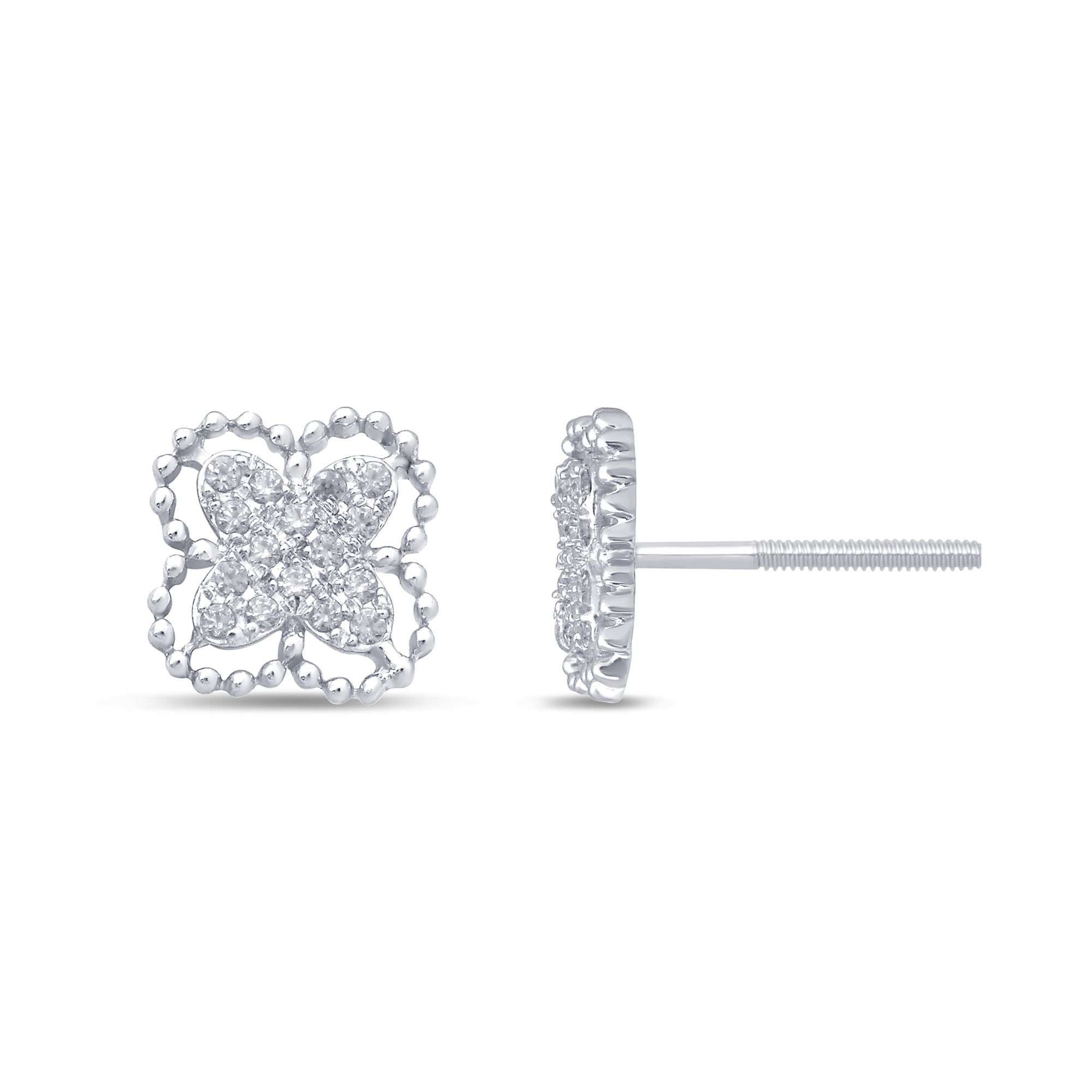.13ct 14k White Gold Flower Clover Diamond Earrings