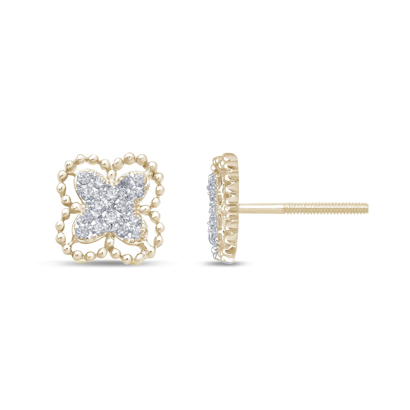 .13ct 14k Yellow Gold Flower Clover Diamond Earrings