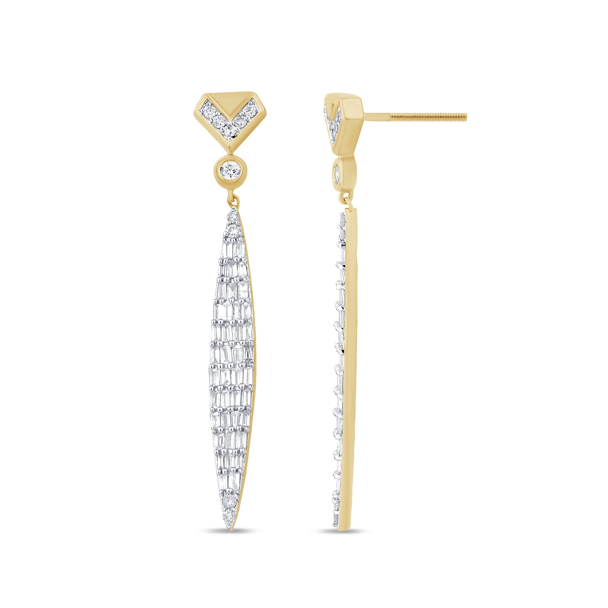 DIAMOND CLOSEOUT! .91ct G SI 14K Yellow Gold Round & Baguette Diamond Drop Earrings