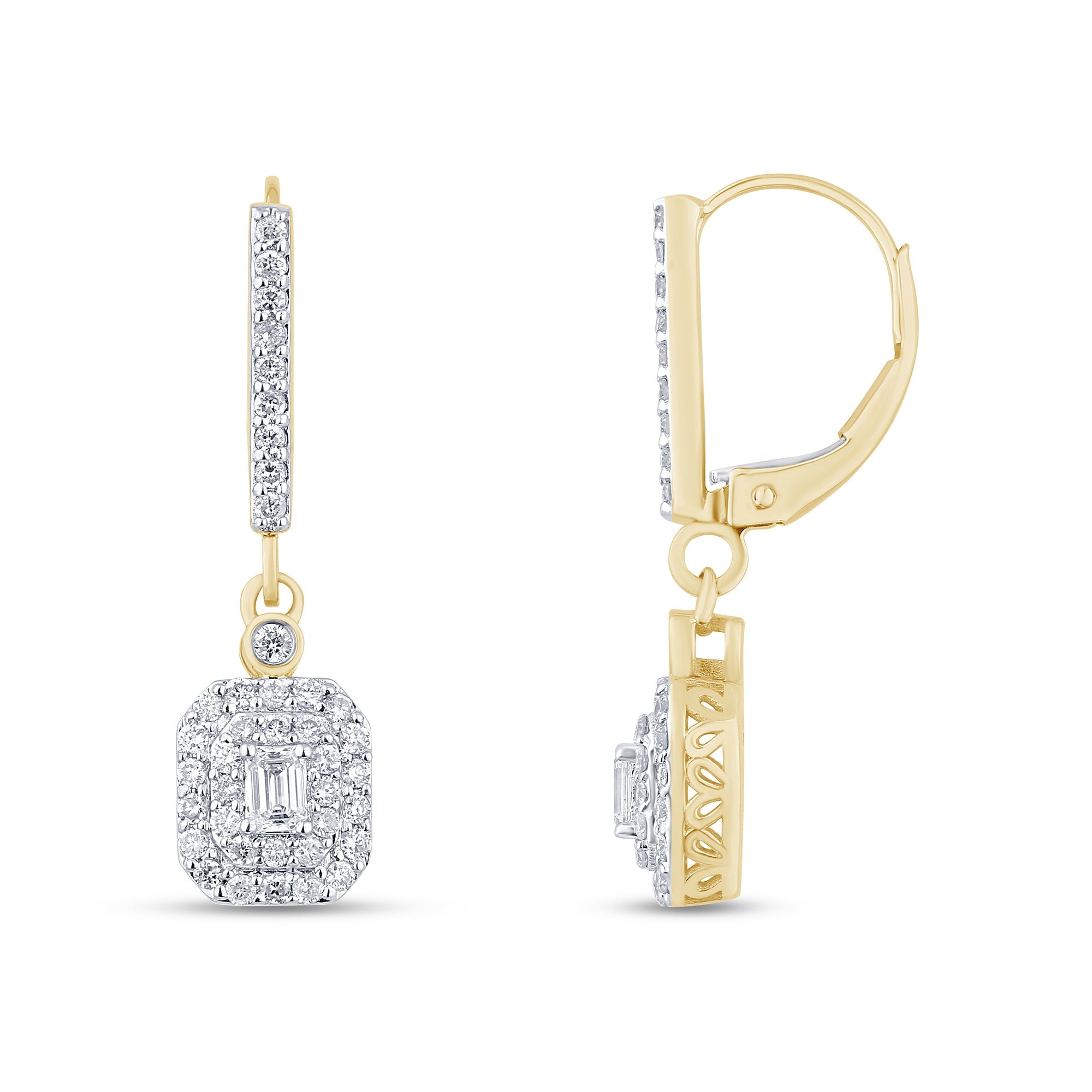 DIAMOND CLOSEOUT!  .78ct G SI 14K Yellow Gold Diamond Round & Baguette Dangle Earrings