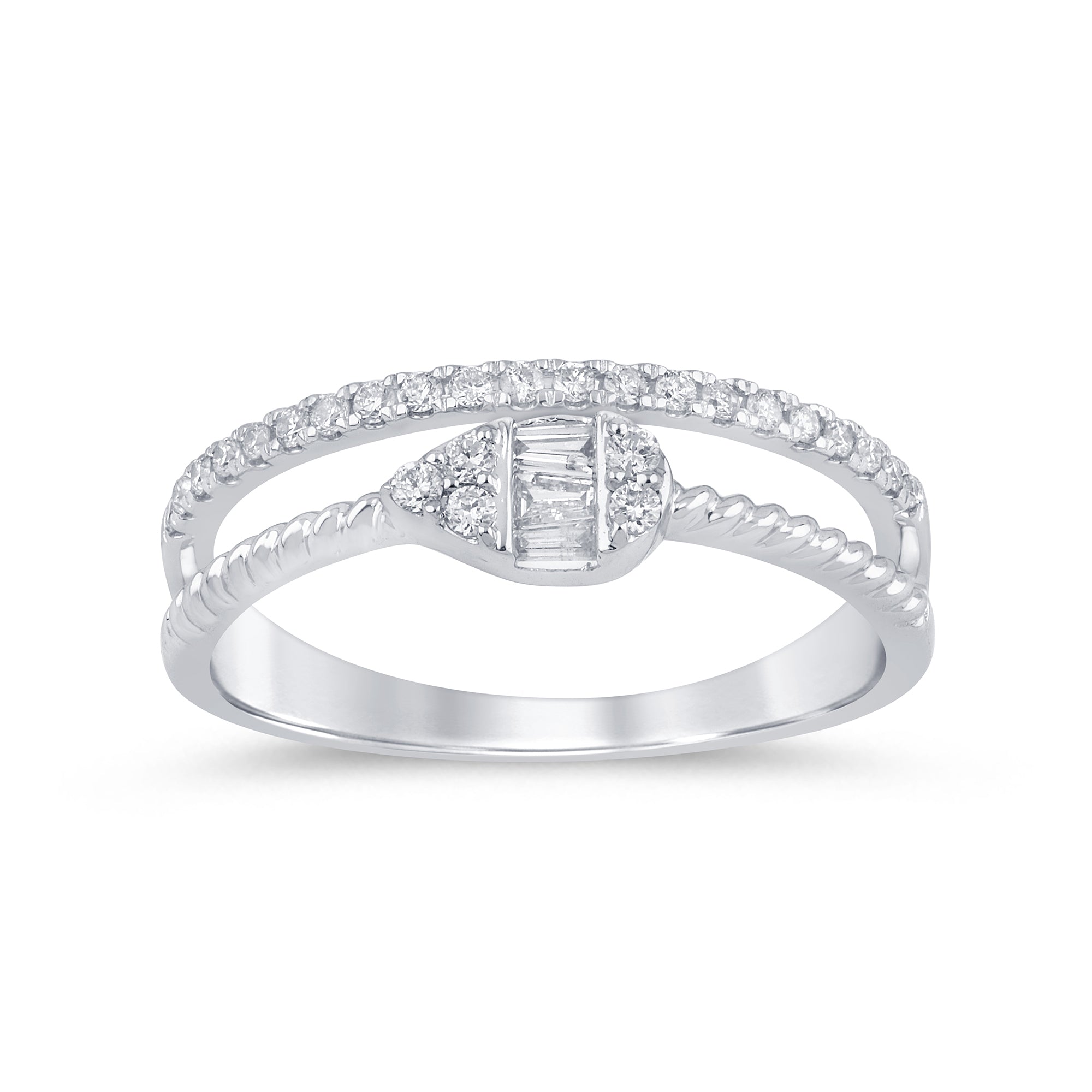 SPECIAL! .19ct G SI 14K White Gold Diamond Round & Baguette Double Band Ring Size 6.5