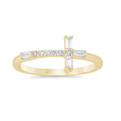 SPECIAL! .21ct G SI 14K Yellow Gold Round & Baguette Diamond Cross Ring Band Size 6.5