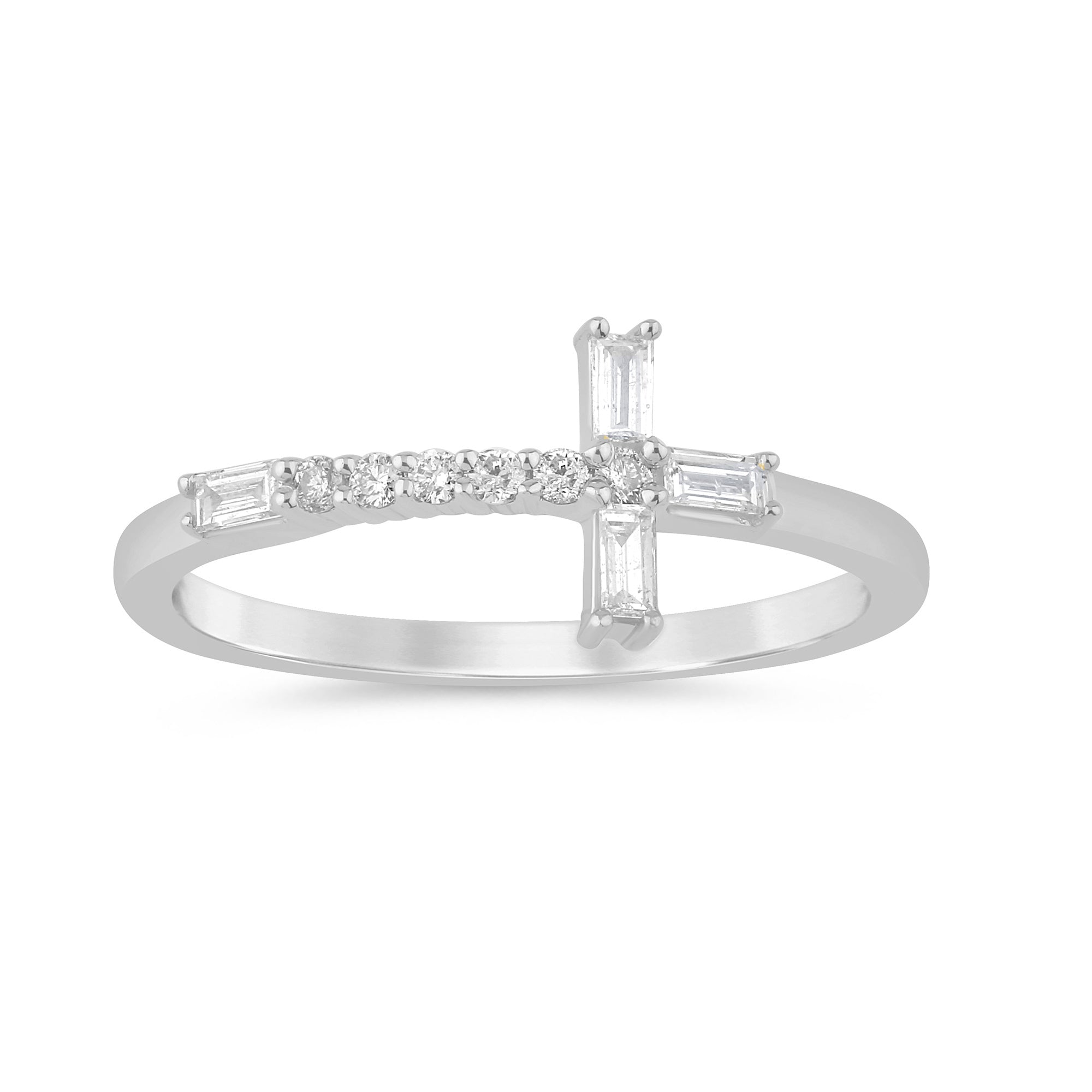 SPECIAL! .21ct G SI 14K White Gold Round & Baguette Diamond Cross Ring Band Size 6.5