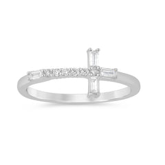 SPECIAL! .21ct G SI 14K White Gold Round & Baguette Diamond Cross Ring Band Size 6.5