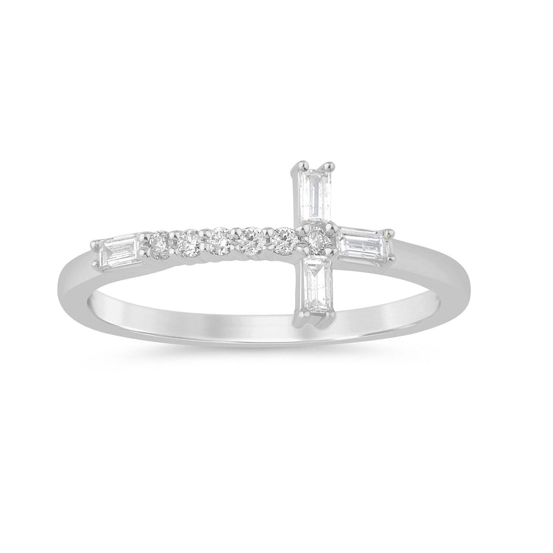 SPECIAL! .21ct G SI 14K White Gold Round & Baguette Diamond Cross Ring Band Size 6.5