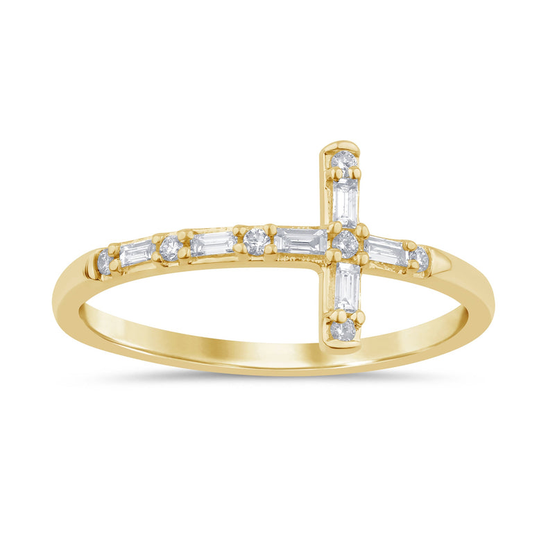 .13ct G SI 14K Yellow Gold Round & Baguette Diamond Cross Band Ring Size 6.5