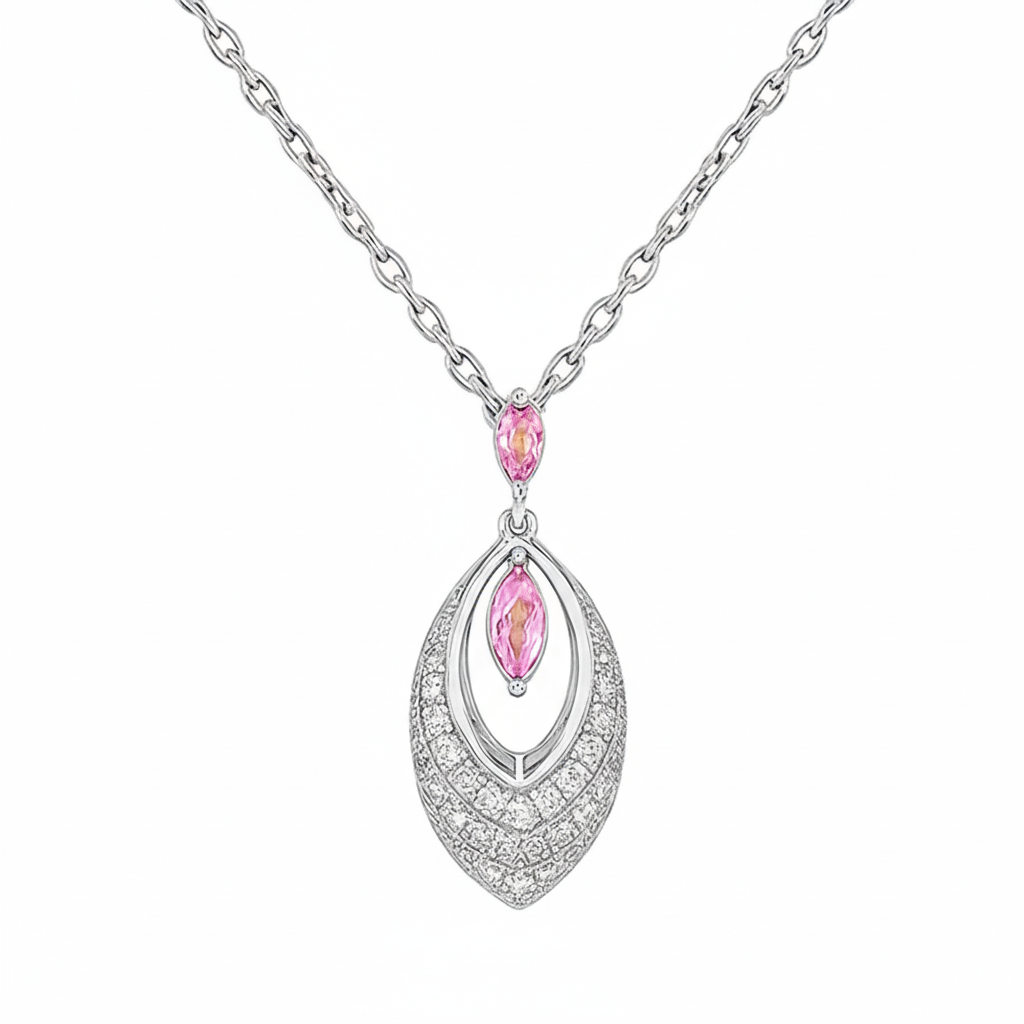 SPECIAL! .36ct G SI 14kt White Gold Diamond & Pink Sapphire Gemstone Pendant Necklace 18" Long