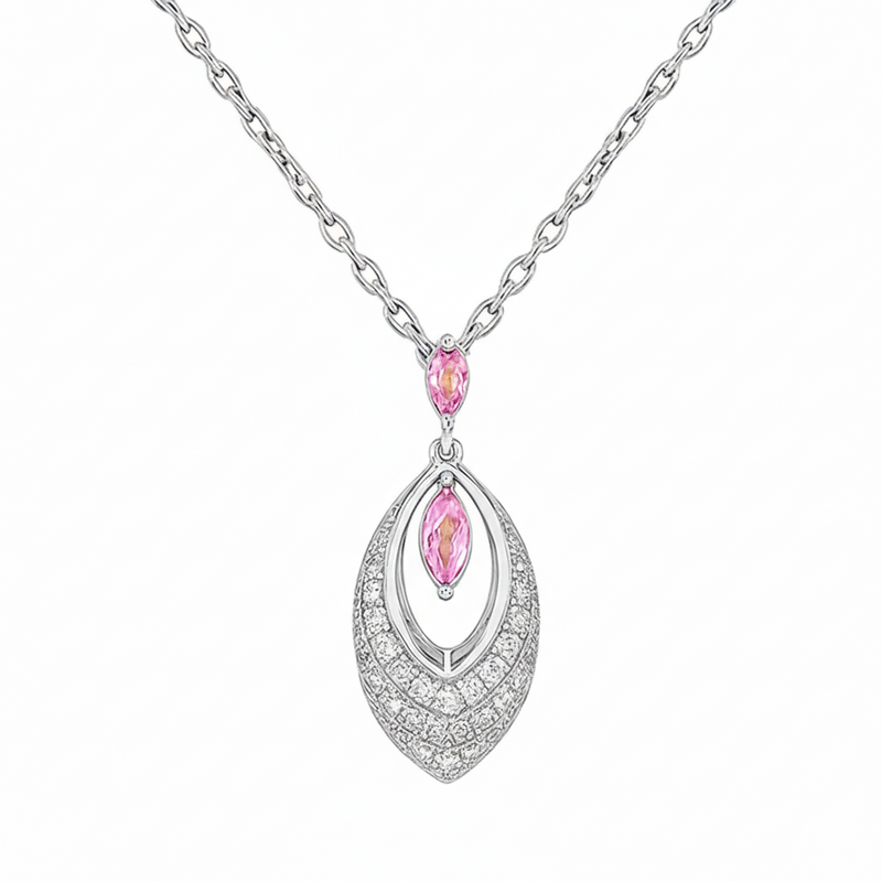 SPECIAL! .36ct G SI 14kt White Gold Diamond & Pink Sapphire Gemstone Pendant Necklace 18" Long