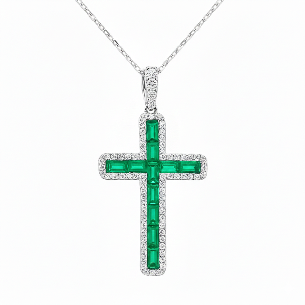 SPECIAL! 1.23ct G SI 14K White Gold Diamond & Emerald Gemstone Cross Pendant 18" Long