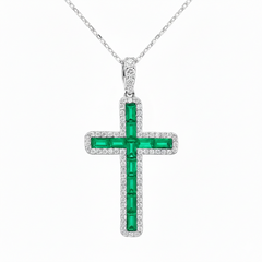 SPECIAL! 1.23ct G SI 14K White Gold Diamond & Emerald Gemstone Cross Pendant 18" Long