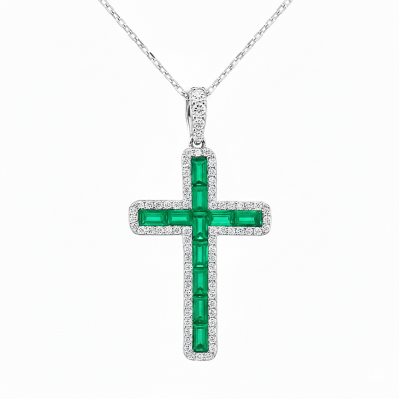 SPECIAL! 1.23ct G SI 14K White Gold Diamond & Emerald Gemstone Cross Pendant 18" Long
