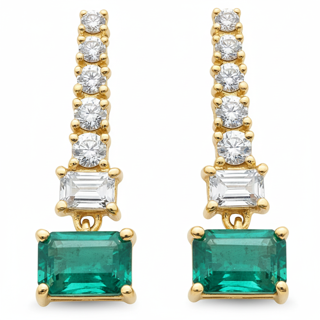 SPECIAL!1.75ct G SI 14K Yellow Gold Diamond & Emerald Gemstones Dangling Earrings